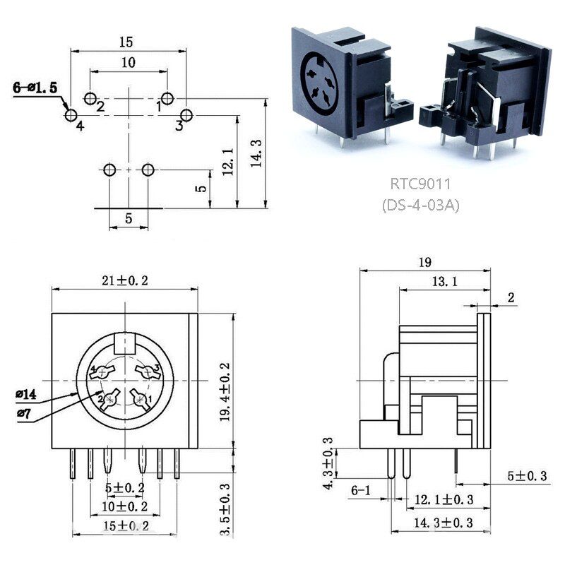 DIN-4 connector 216 graden female PCB zwart afmetingen
